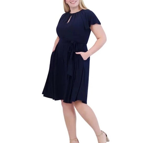 New Jessica Howard Plus Size 22W Navy Blue Keyhole Fit & Flare Dress Jersey Knit - Picture 4 of 12